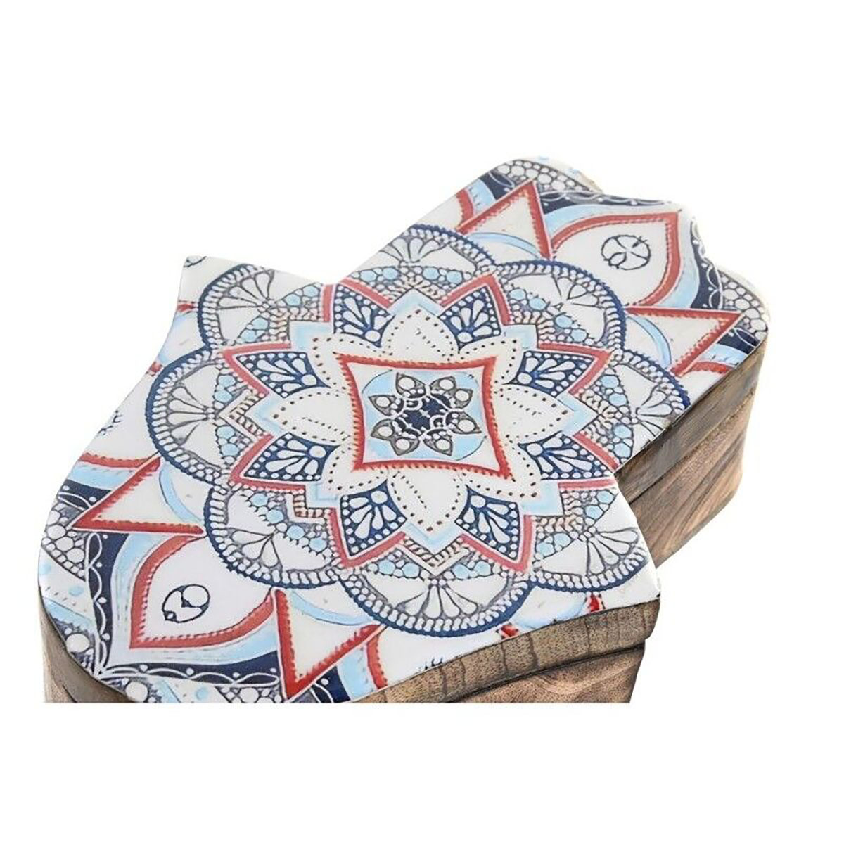Descansos de copos de madeira com padrão mandala azul e vermelho