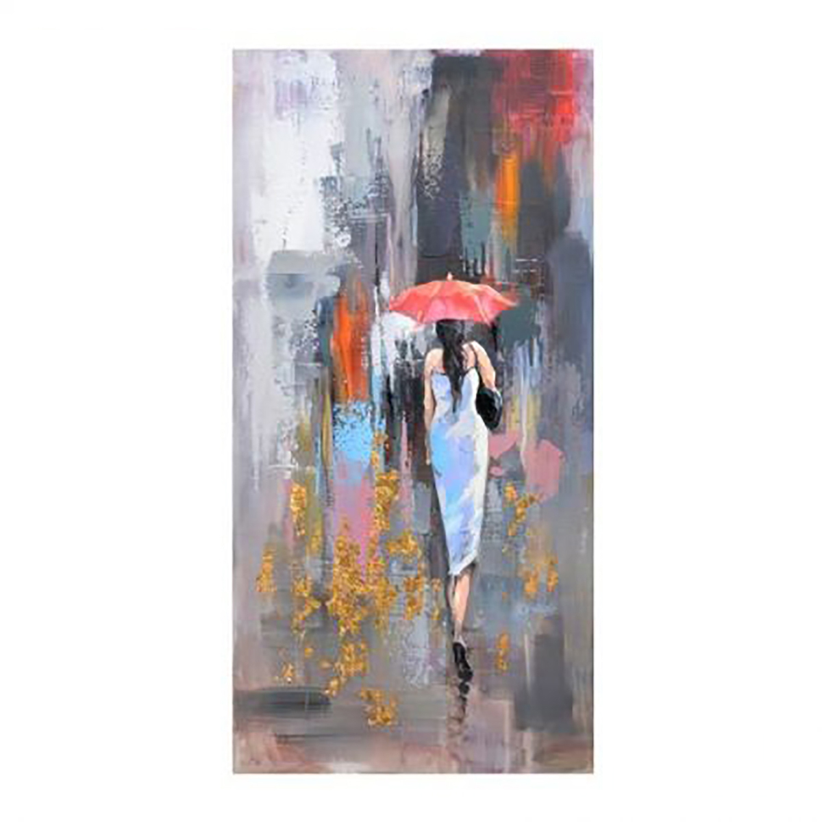 Pintura de mulher com guarda-chuva vermelho em fundo abstrato cinza e cores