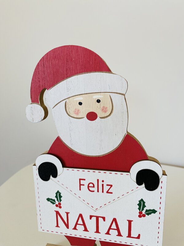Decoração de Natal em Madeira – Pai Natal com Cartaz “Feliz Natal”