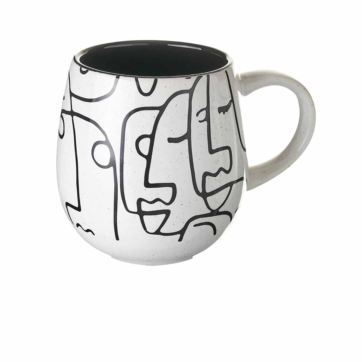 Caneca branca com padrão de linhas pretas e interior preto