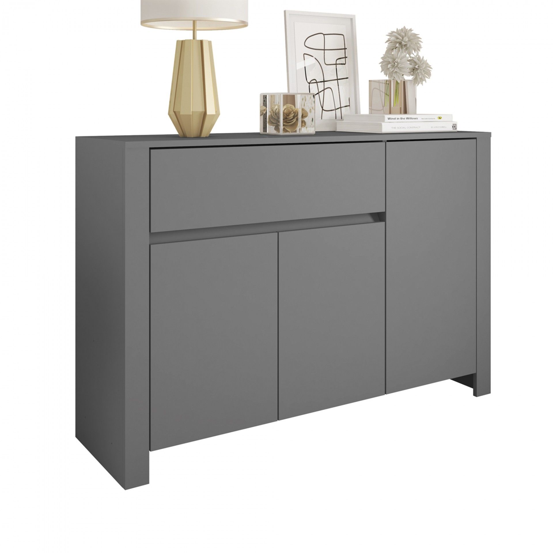 Aparador Cinza (3 Portas + 1 Gavetas) | Madeira | 120x82x38CM