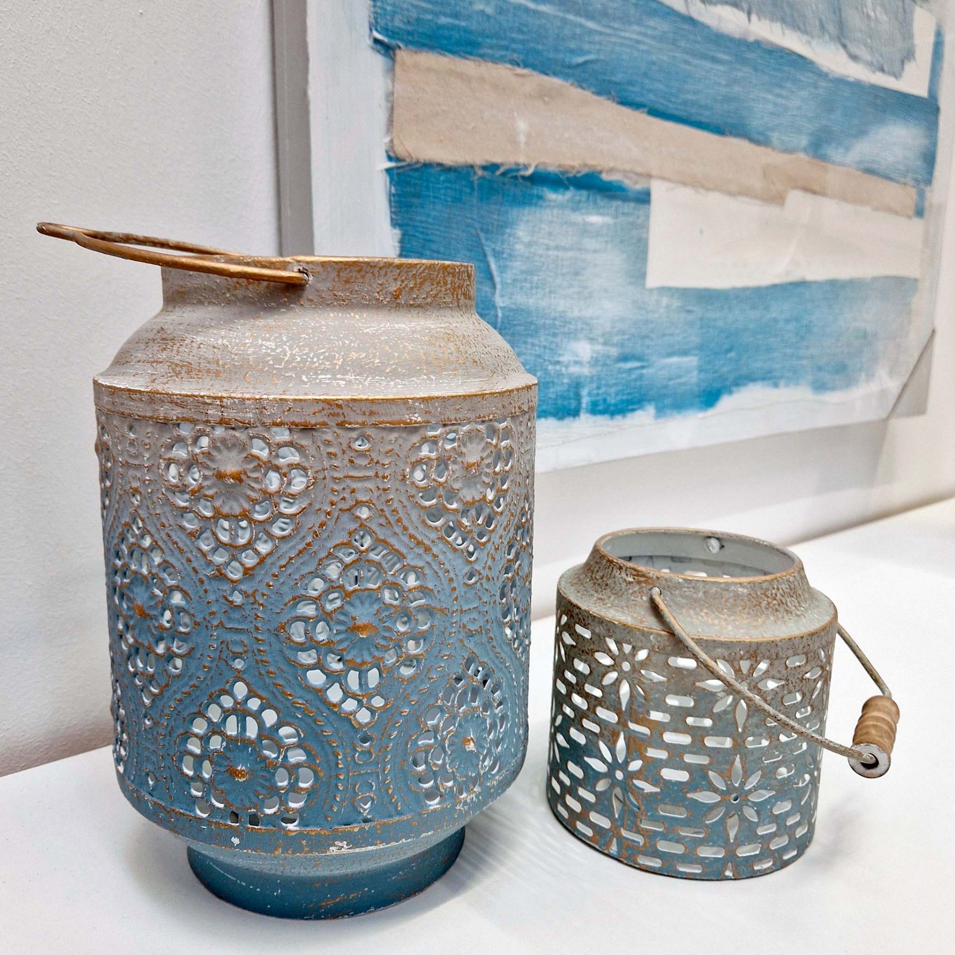 Lanterna Decorativa - Metal - Cinza e Azul - C12xA12xL12CM