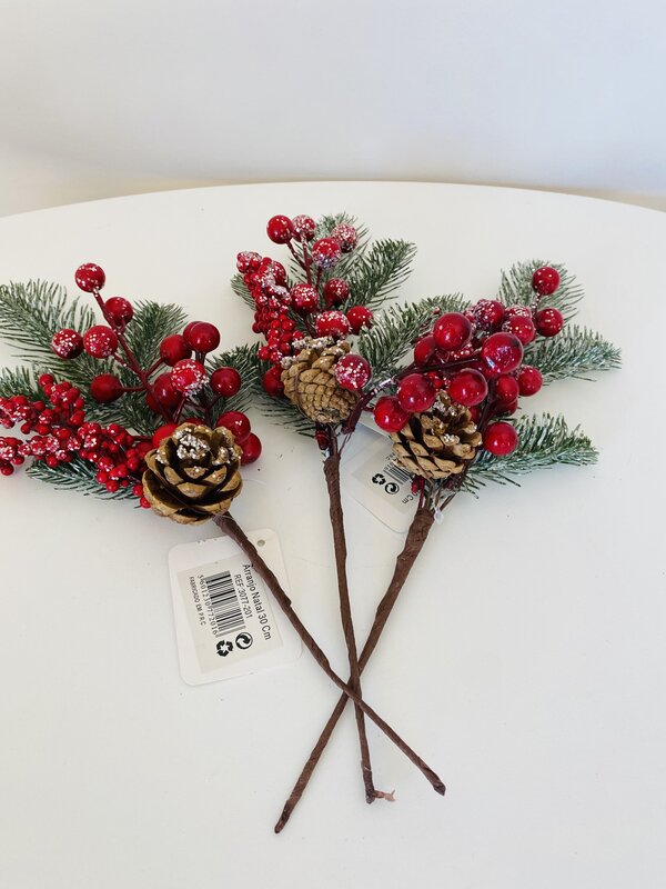Decoração para árvore de Natal - Haste com Bagos e Pinha - 30CM