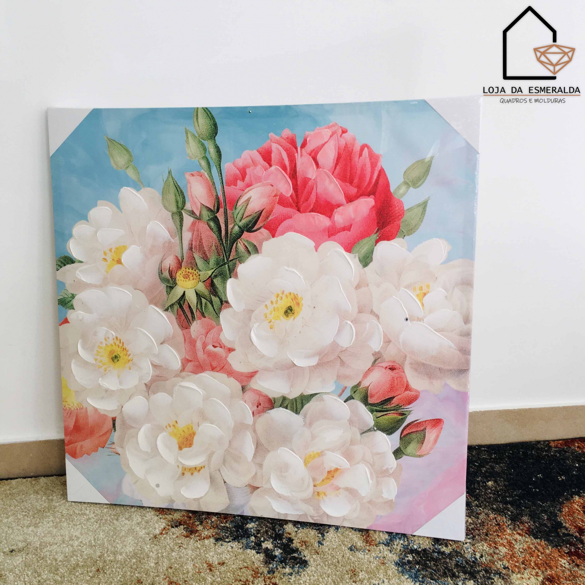 Quadro com estampa floral branco e rosa em fundo azul e rosa