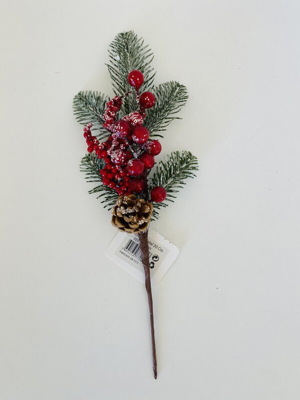 Decoração para árvore de Natal - Haste com Bagos e Pinha - 30CM