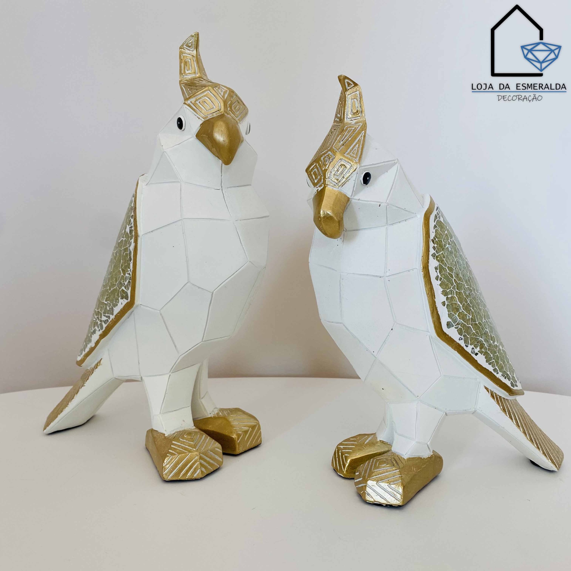 Pássaro Decorativo em Branco e Dourado