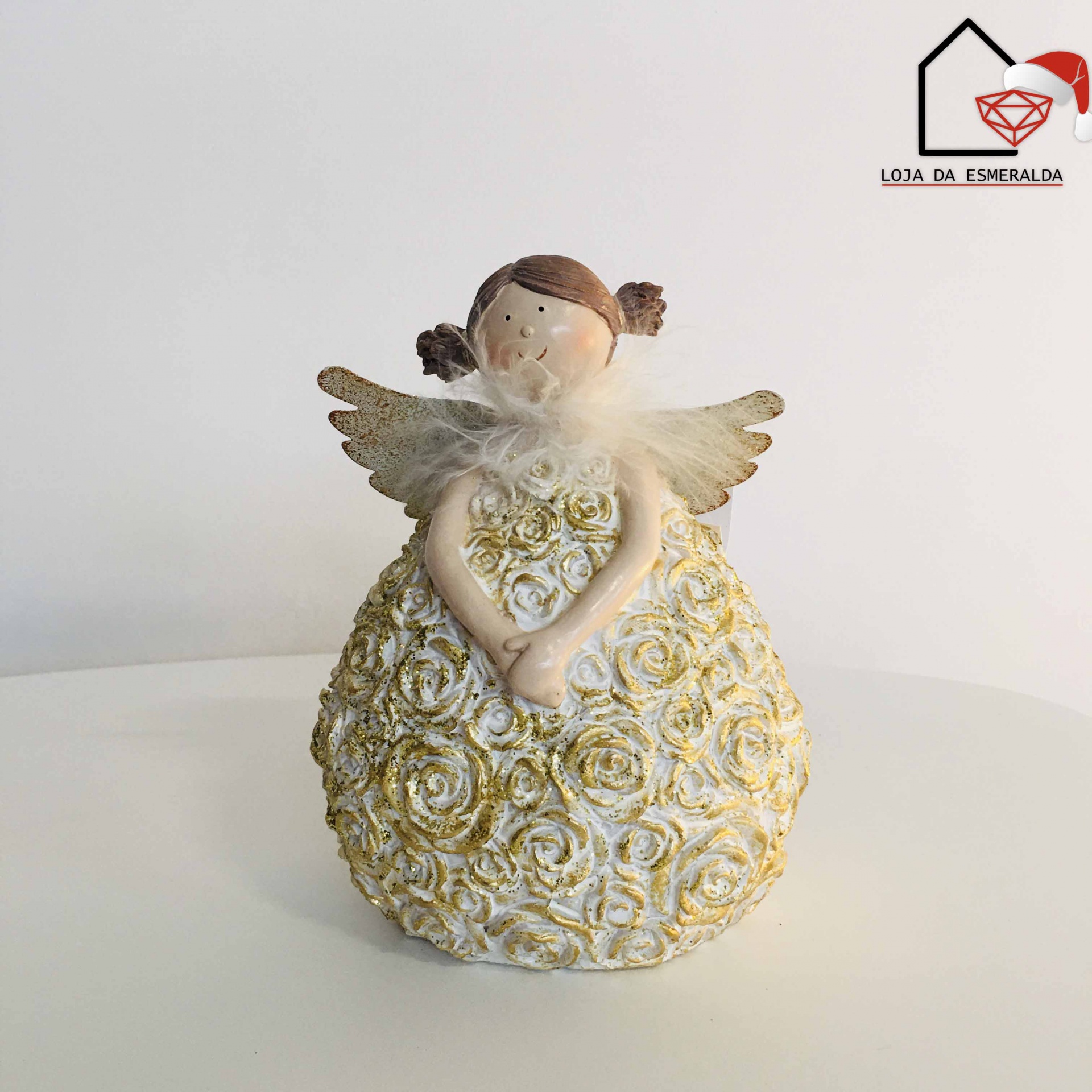 Anjo de Natal Trabalhado Branco & Dourado C12XL7XA14CM