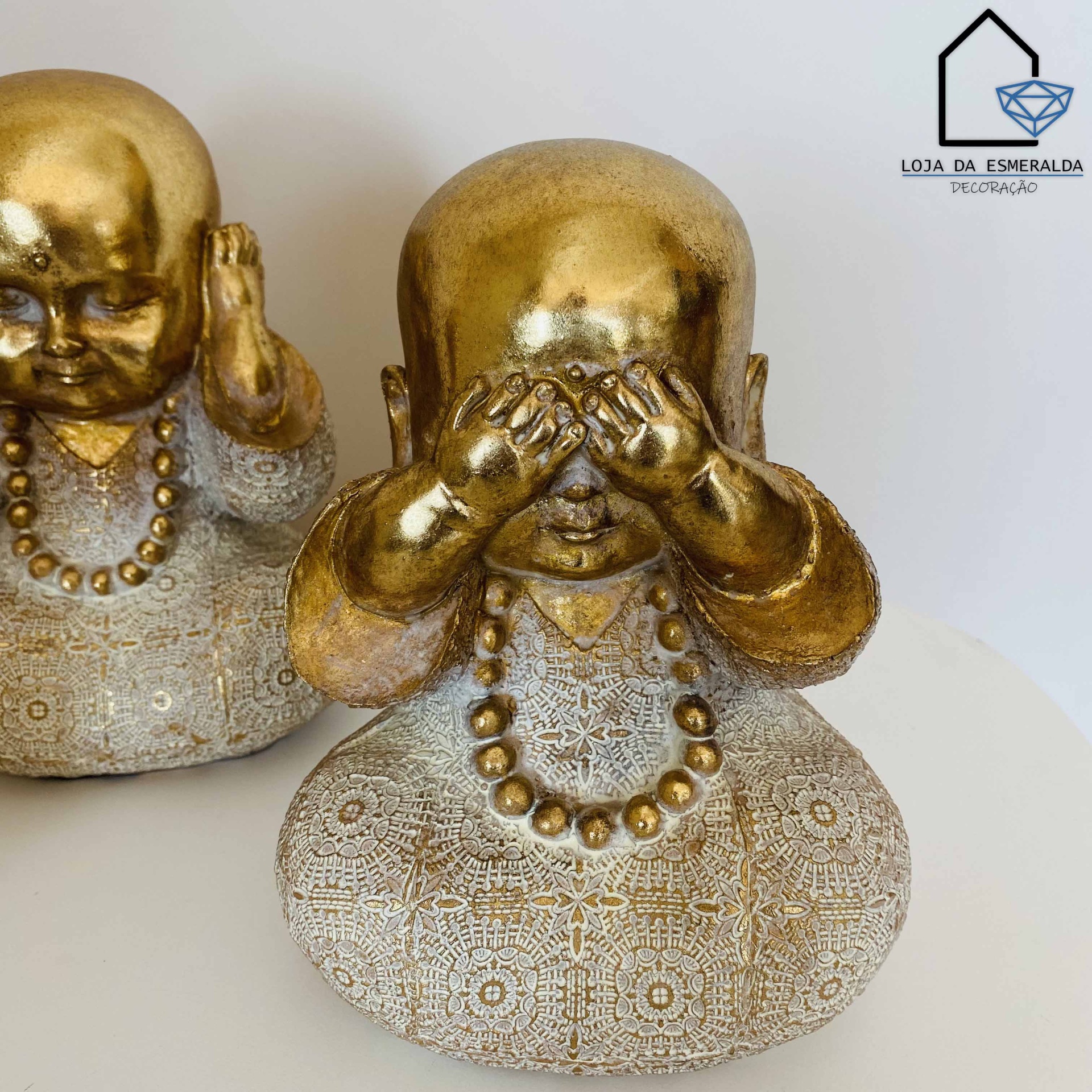 Conjunto 3 Monges Cego Surdo e Mudo Dourado 12x10x18CM