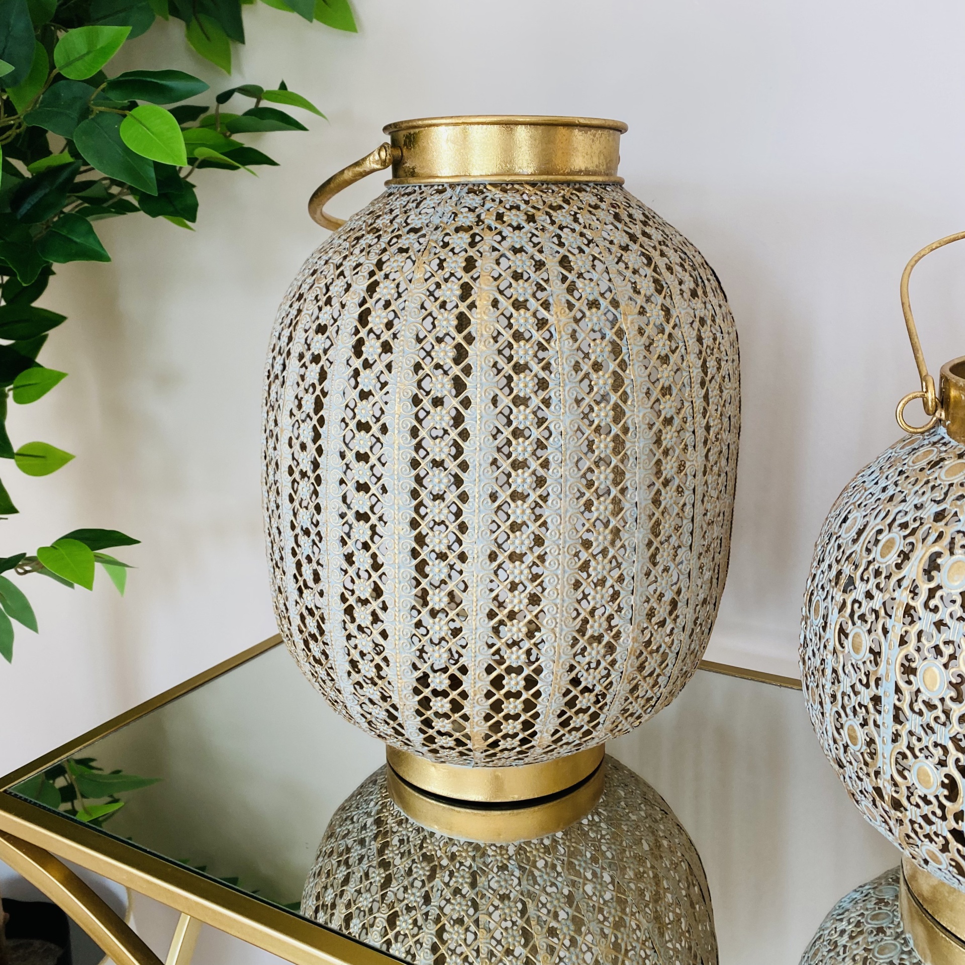 Lanterna Decorativa - Metal - Dourado e Azul