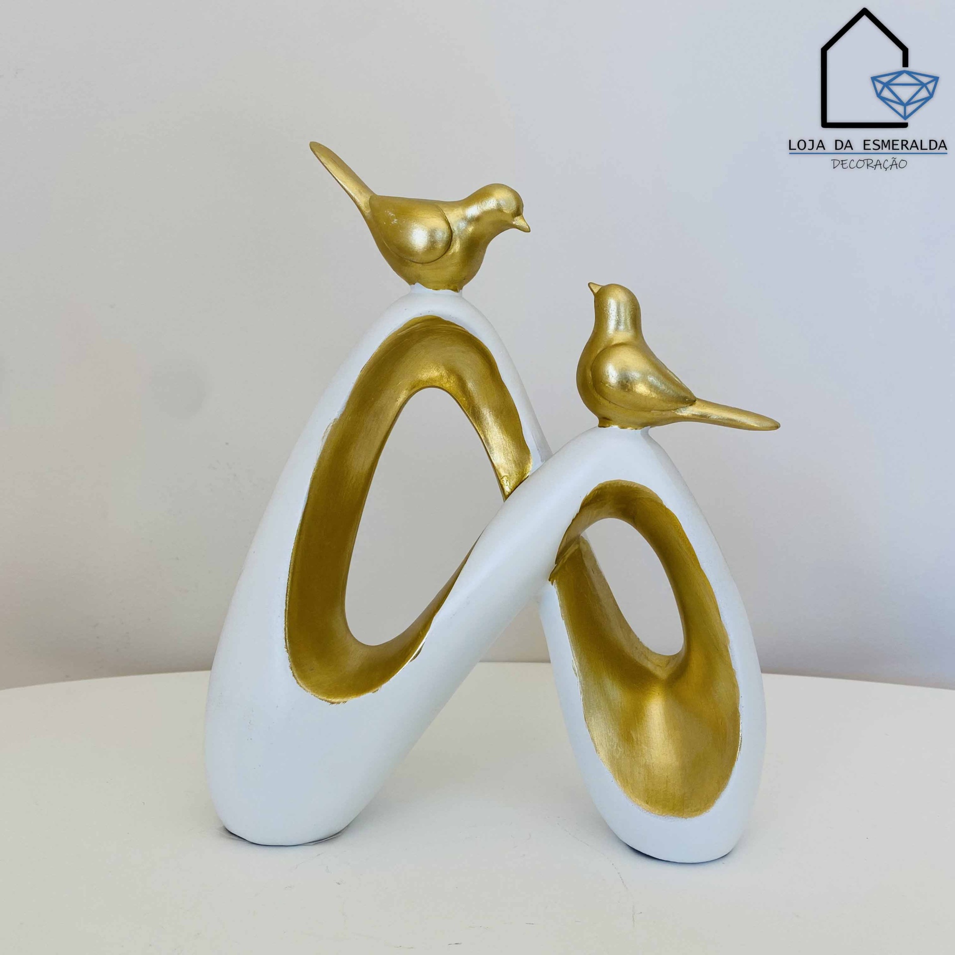 Peça Decorativa - Pássaros - Dourado e Branco - 18x5x22 CM