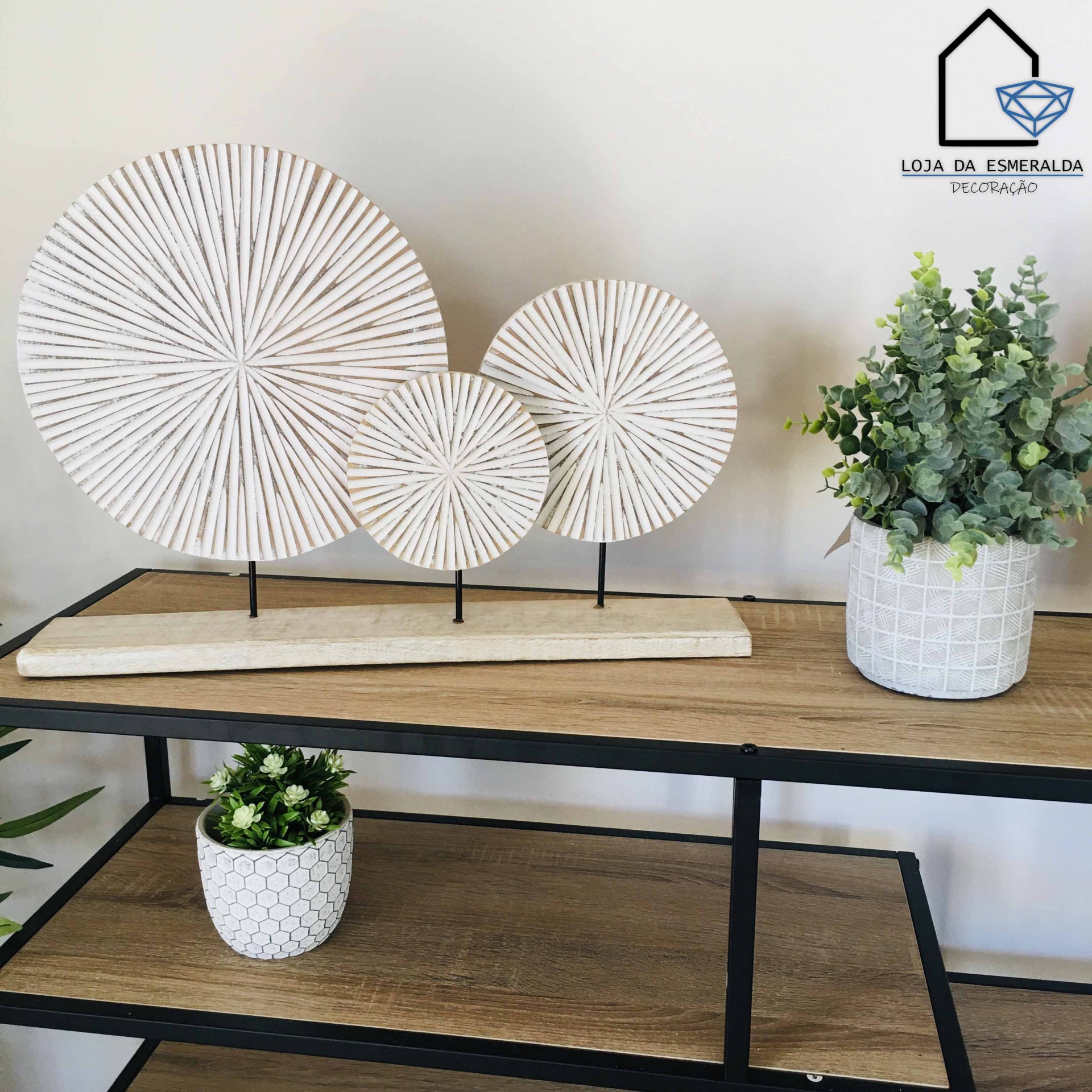 Peça Decorativa c/ Base | 3 Círculos | Madeira | 53x8x37CM