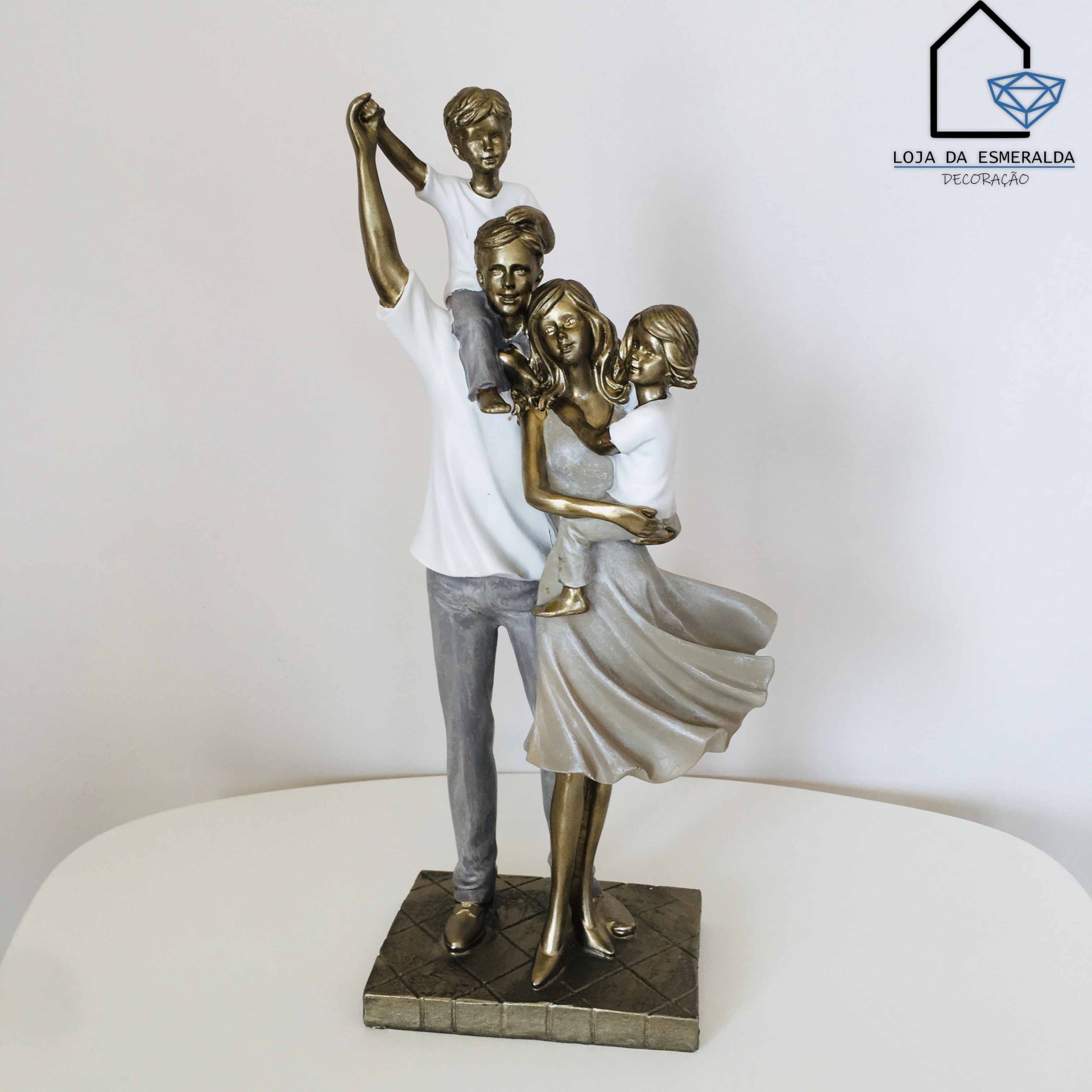 Estatueta Decorativa | Família | Cinza Dourado Branco | 14x10.5x40CM