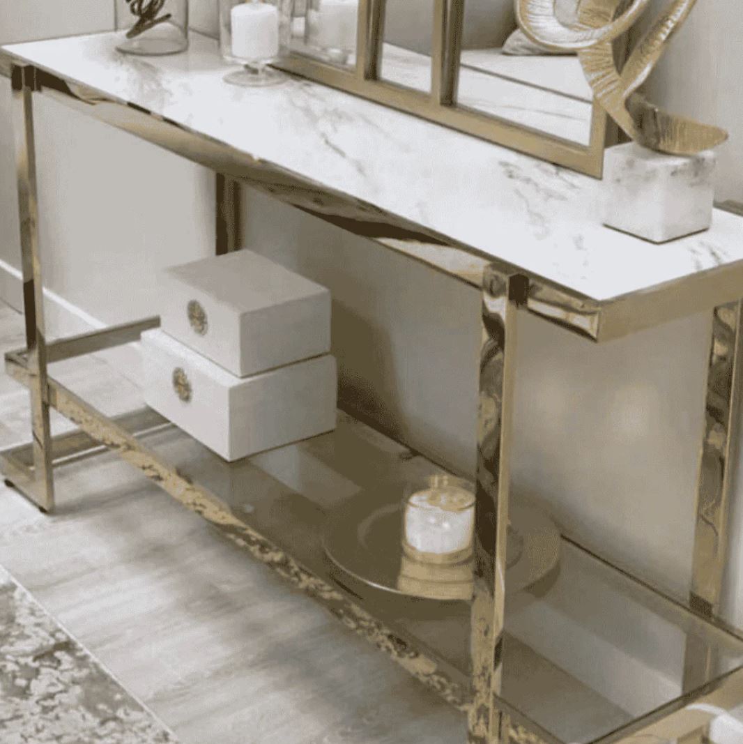 Credência/Consola em Inox Dourado Mármore C120XL40XA85CM