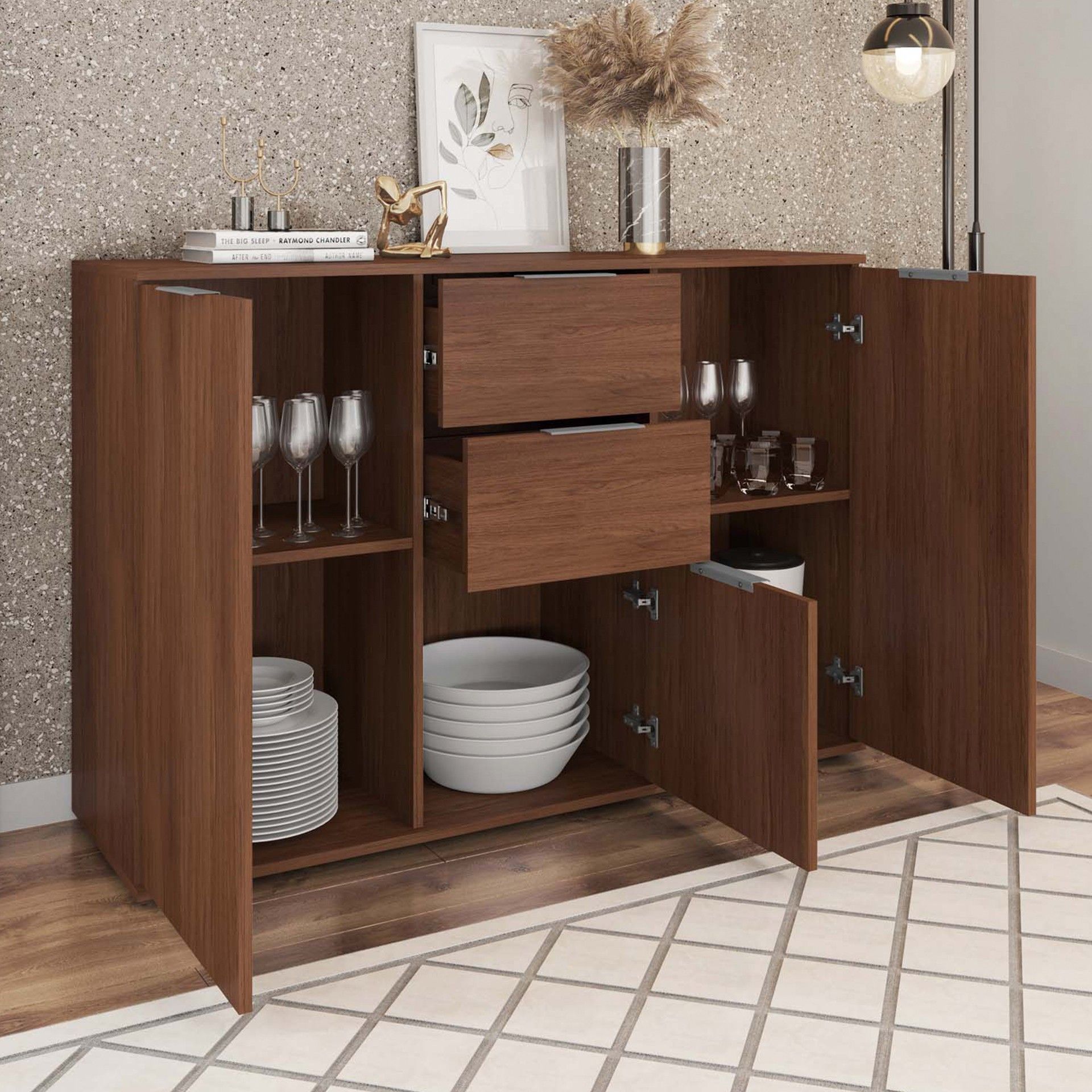 Aparador Guarda Louça - Cor Nogueira - C120xL37.5xA81CM -  3 Portas + 2 Gavetas