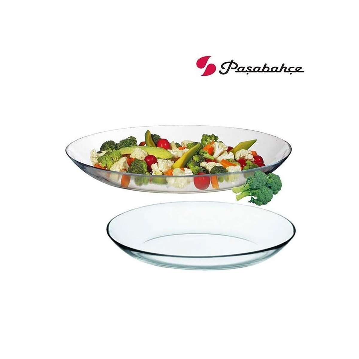 Duas travessas redondas de vidro transparente, uma com legumes variados, outra vazia, fundo branco, logo Paşabahçe.