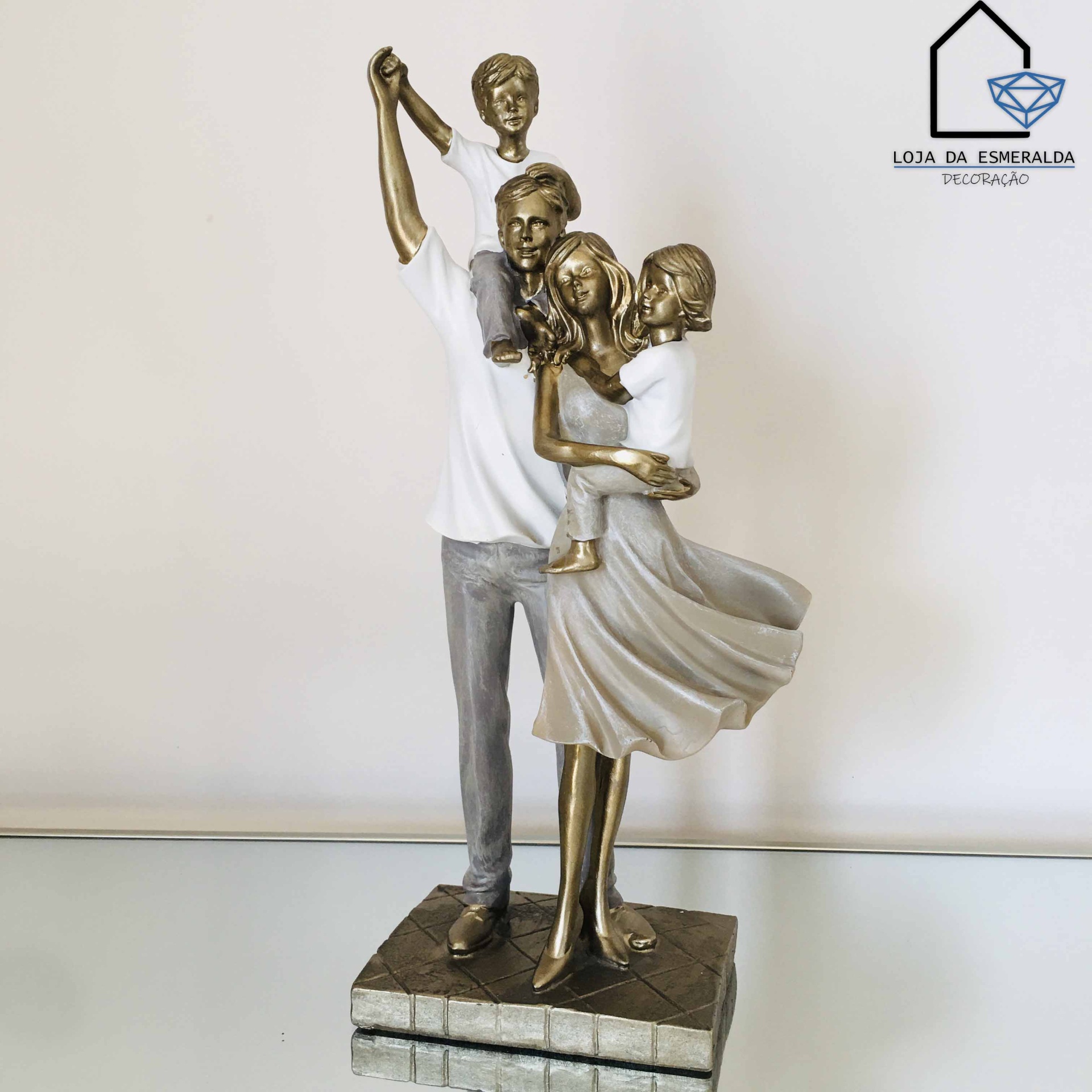 Estatueta Decorativa | Família | Cinza Dourado Branco | 14x10.5x40CM