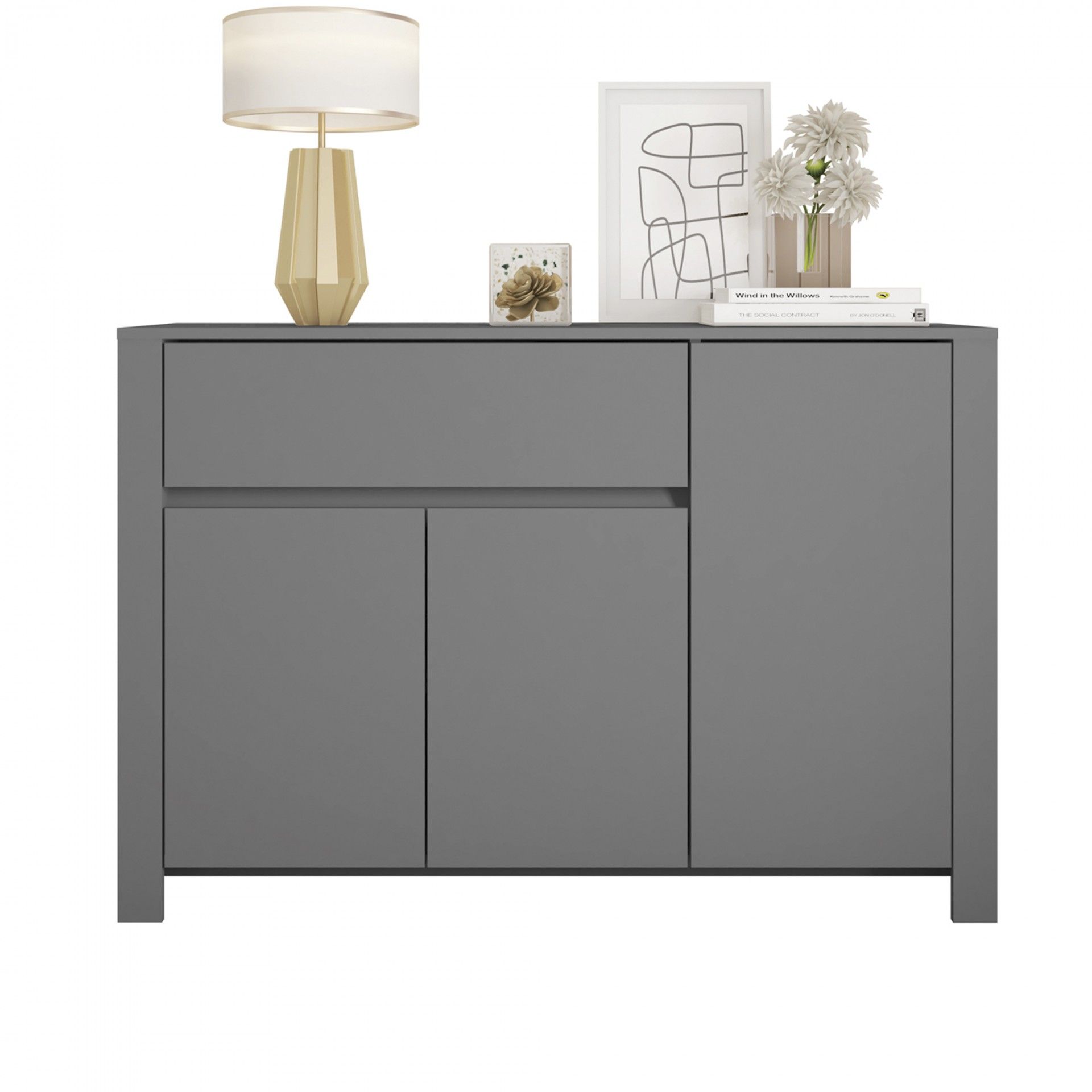 Aparador Cinza (3 Portas + 1 Gavetas) | Madeira | 120x82x38CM