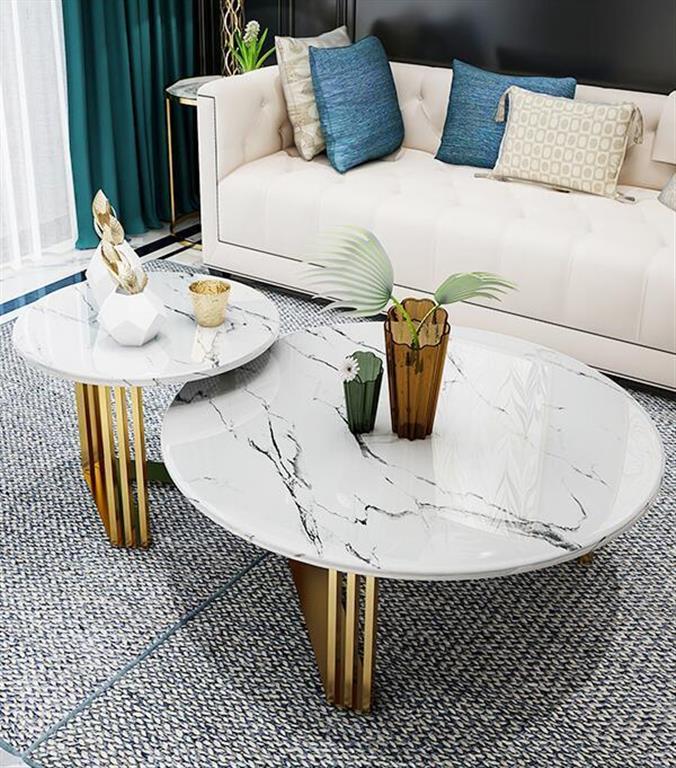 Conj Mesas de Apoio - INOX Dourado Mármore - D80xA48CM - D60xA42CM