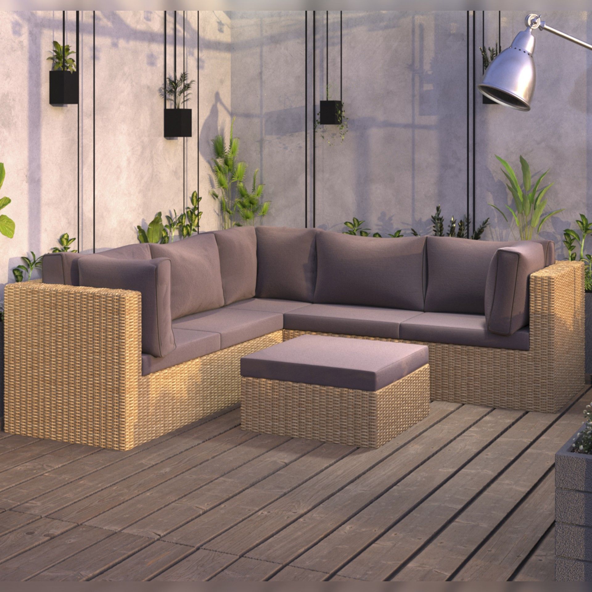 Set de Jardim - Sofá em L + Mesa de apoio/Pouf - Castanho