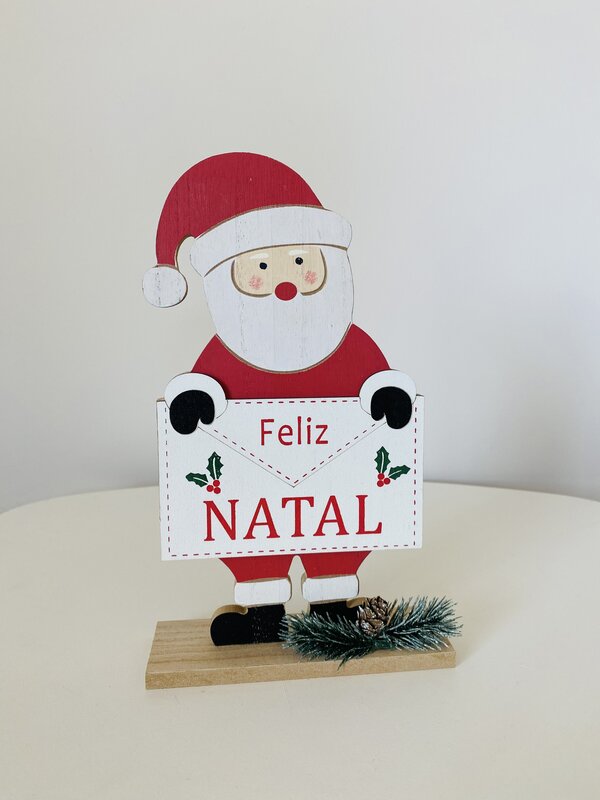 Decoração de Natal em Madeira – Pai Natal com Cartaz “Feliz Natal”