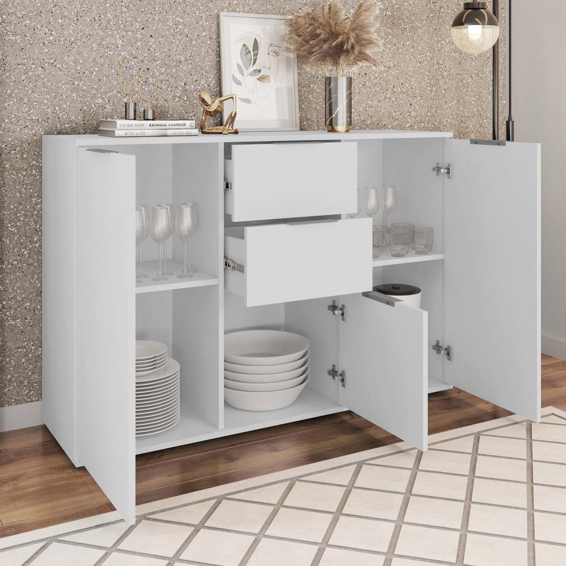 Aparador Branco Guarda Louça - C120xL37.5xA81CM -  3 Portas + 2 Gavetas