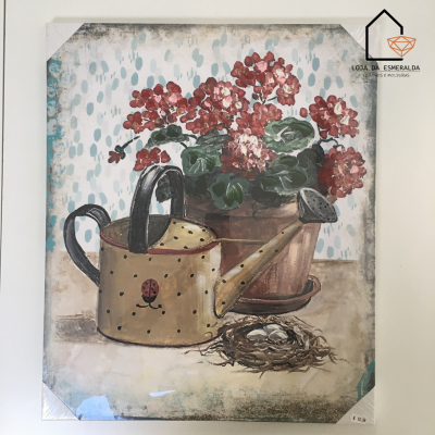 Quadro decorativo com regadora, vaso de flores e ninho de pássaro
