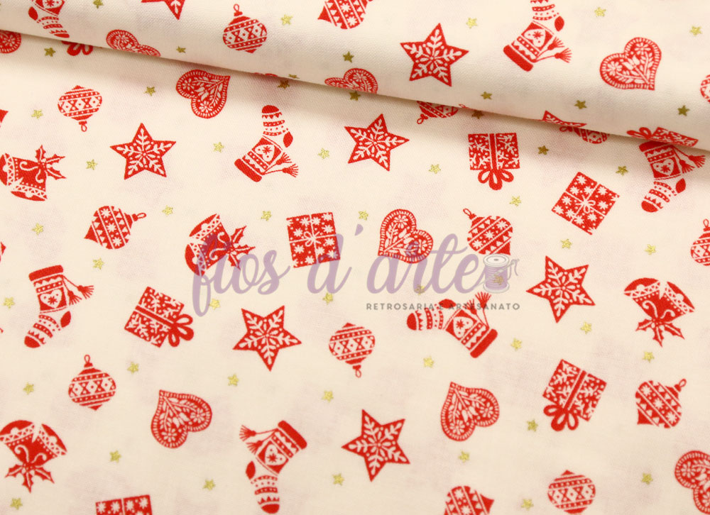 Tecido Scandi Enfeites de Natal (Makower) - creme e vermelho