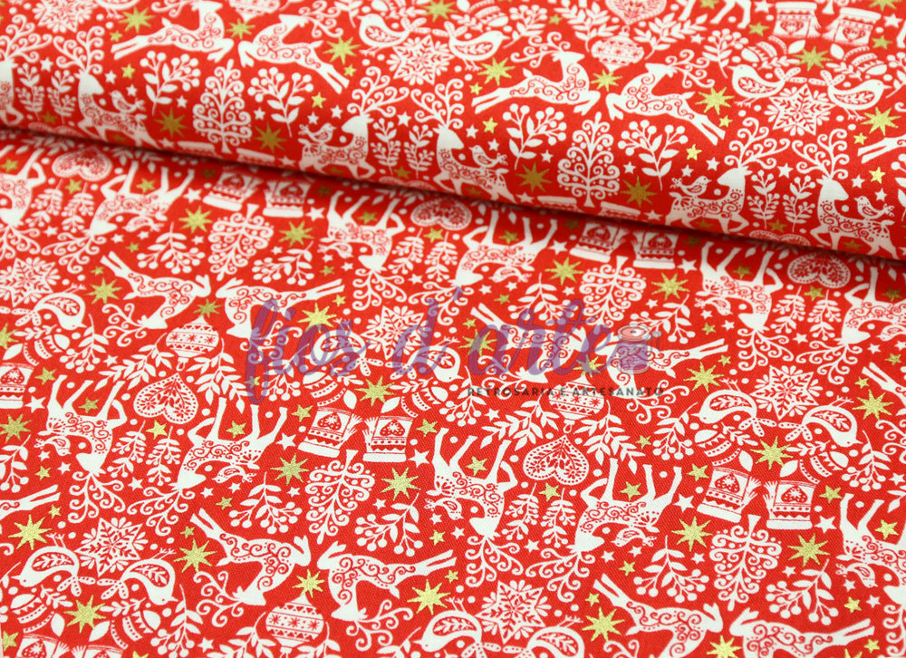 Tecido Scandi Pássaros e Renas (Makower) - vermelho