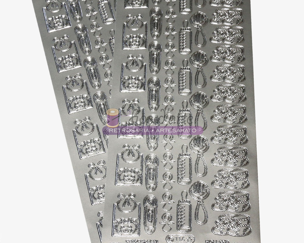 Etiqueta adesiva Bebé - Prata Folhas autocolantes prateadas com desenhos decorativos variados