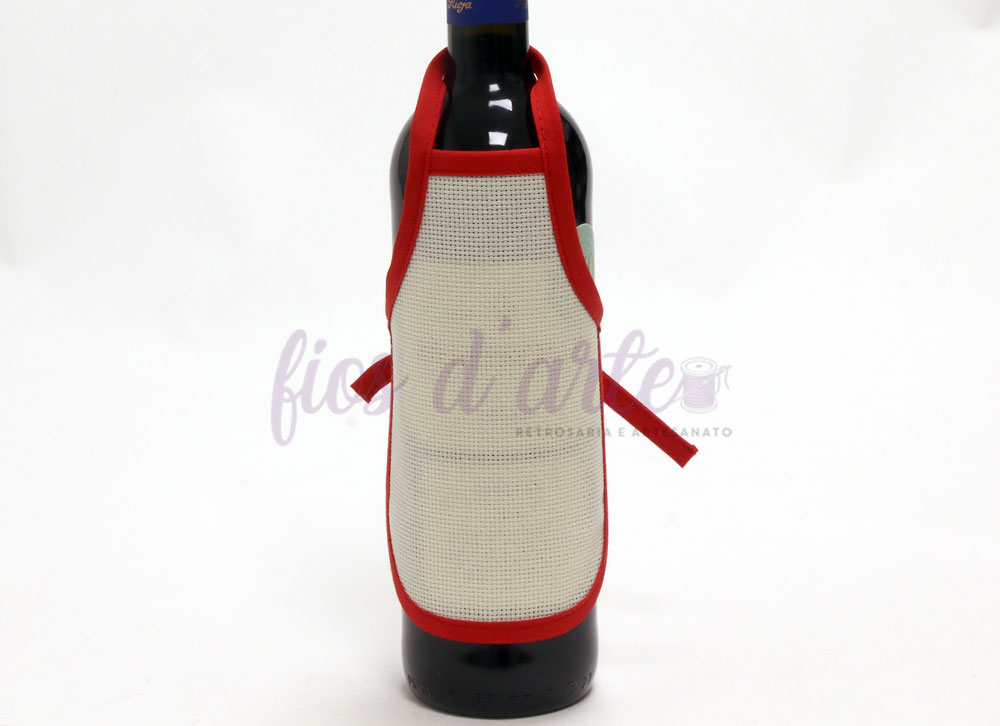 Avental para garrafa para bordar ponto cruz (quadrilé cru) Garrafa com aventalinho branco e vermelho