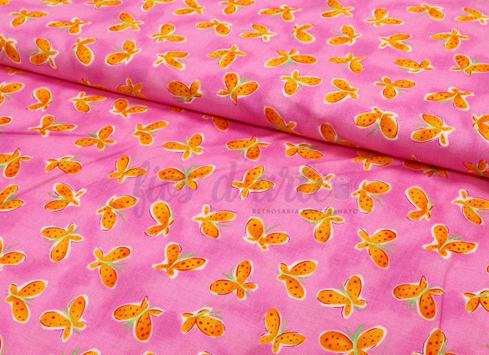 Tecido Whimsy Daisical Borboletas (Blank Quilting) - rosa/ laranja