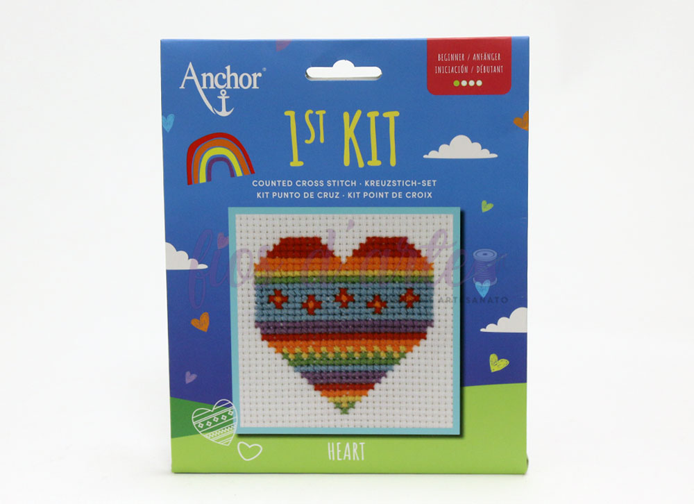 Kit Ponto Cruz - Coração (Anchor 1st Kit) Kit de ponto cruz Anchor 1ST KIT com padrão de coração colorido
