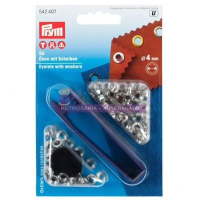 Embalagem de ilhóses metálicos prateados com anilhas da marca Prym com 50 unidades