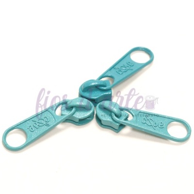 Três cursores de fecho éclair azul turquesa com texto 'ASO' dispostos em triângulo