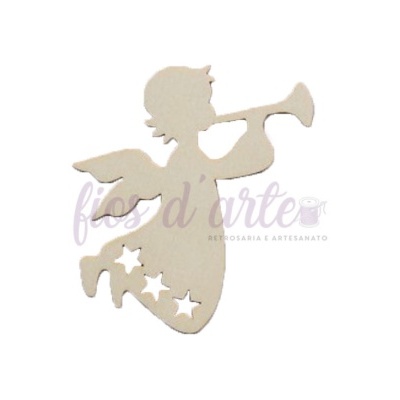 Recorte em MDF de anjo a tocar trompete com estrelas recortadas.