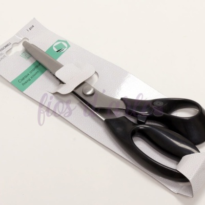 Tesoura profissional com cabo preto e lâmina de aço inoxidável embalada em cartão branco com texto