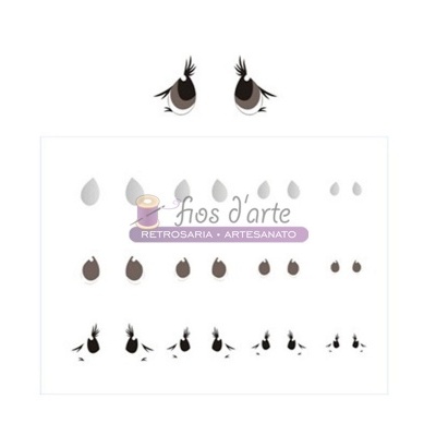 Cartela de adesivos de olhos coloridos com texto 'fios d'arte' e 'RETROSARIA - ARTESANATO'