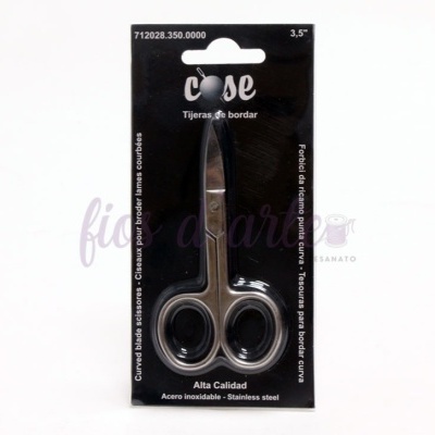 Tesouras de bordar em aço inoxidável com lâminas curvas, embalagem preta