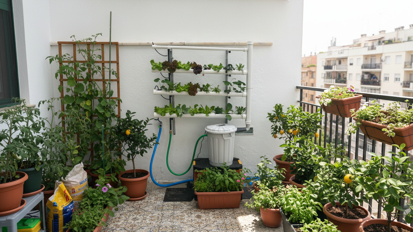 Pack Hydro 40 Vertical Fixo Vasos com plantas e sistema de rega automático numa varanda com piso de mosaico.