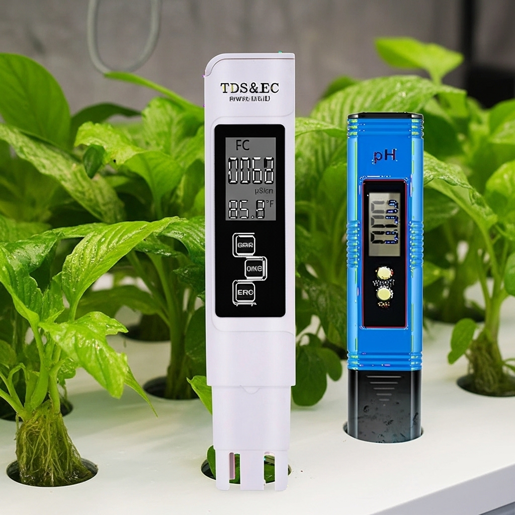 Pack Hydro 40 Vertical Fixo Dois dispositivos de medição digital branco e azul entre plantas verdes em suporte hidropónico branco.