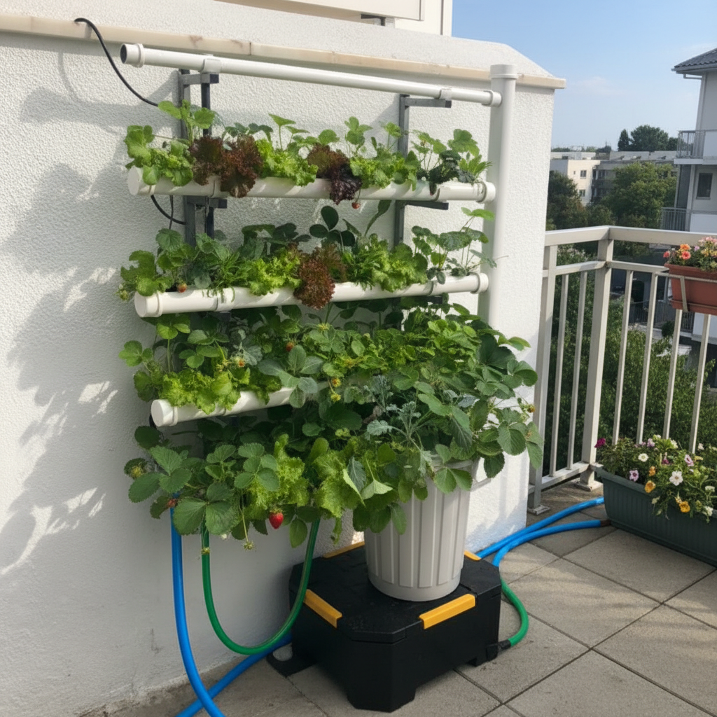 Pack Hydro 40 Vertical Fixo Sistema de cultivo hidropónico vertical com tubos de PVC e plantas verdes com morangos