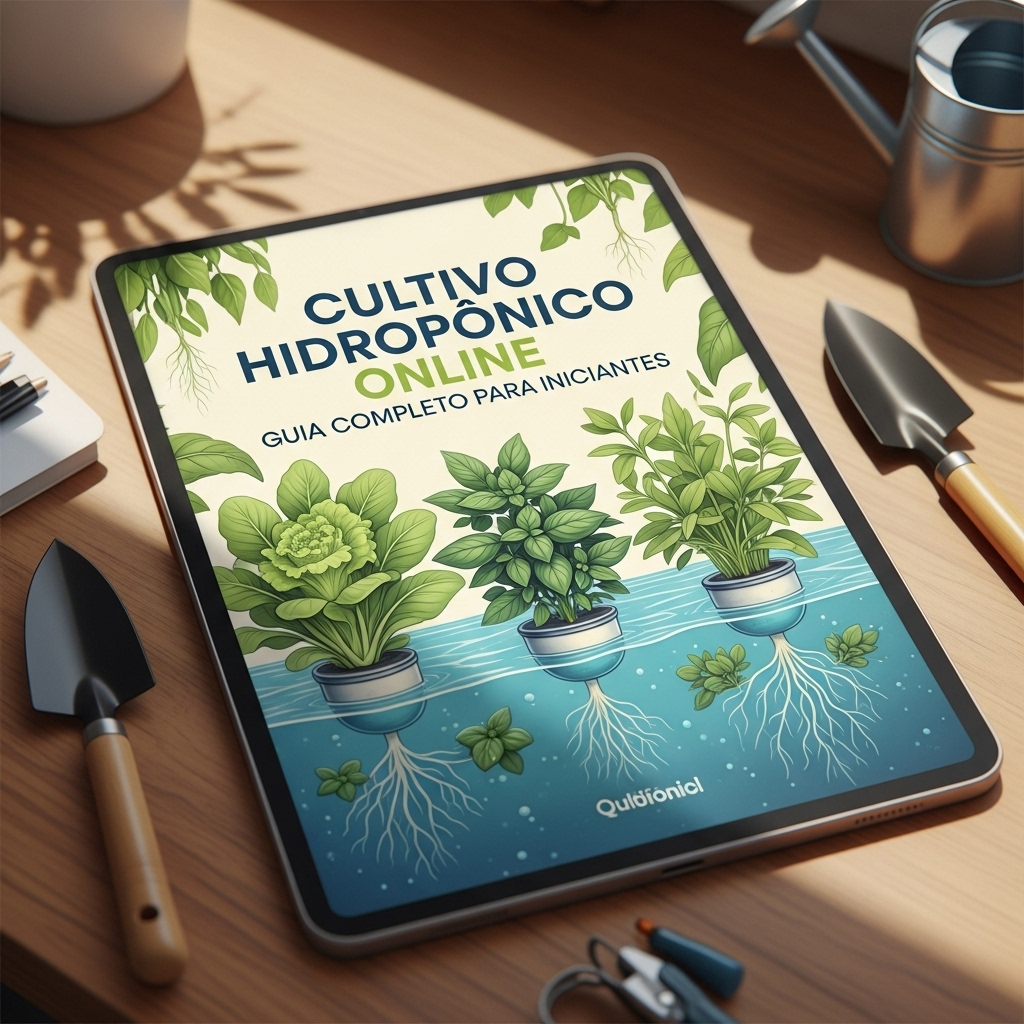 Pack Hydro 40 Vertical Fixo Livro digital sobre cultivo hidropónico online com ilustrações de plantas em vasos e ferramentas de jardinagem numa mesa de madeira