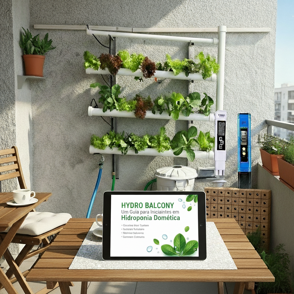 Pack Hydro 40 Vertical Fixo Sistema de hidroponia doméstica na varanda com plantas verdes em tubos brancos e tablet numa mesa de madeira.