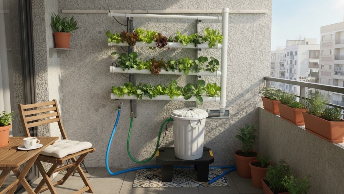 Pack Hydro 40 Vertical Fixo Sistema de cultivo hidropónico com plantas verdes e alfaces num terraço com balde e vasos terracota.