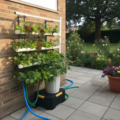 Sistema de cultivo vertical com tubos brancos e plantas verdes junto a parede de tijolos