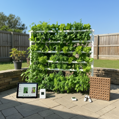 Estufa vertical com plantas verdes, estrutura branca, tablet e equipamentos no chão exterior