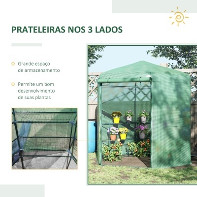 Estufa de jardim verde com estrutura metálica e prateleiras para plantas no exterior