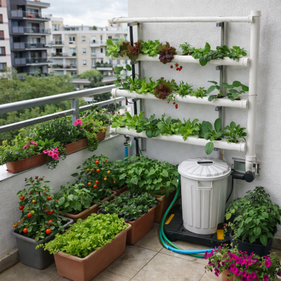 Jardim vertical e vasos com plantas e flores numa varanda urbana