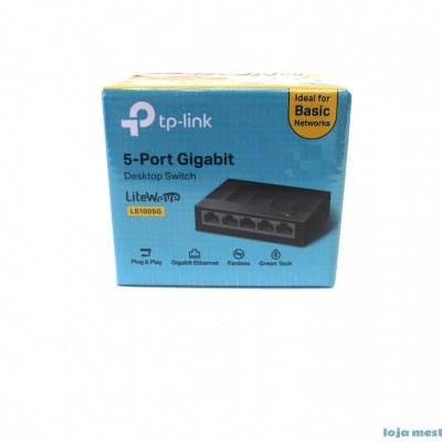 Embalagem azul e amarela de switch de rede TP-Link 5-Port Gigabit LiteWave LS1005G