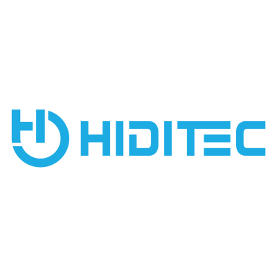 Logótipo HIDITEC azul em fundo preto com símbolo circular